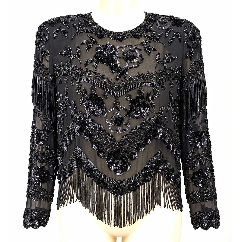 VTG Flapper 1920 Style Sheer Black Silk Beaded Fringe Top M Gatsby Art Deco Glam